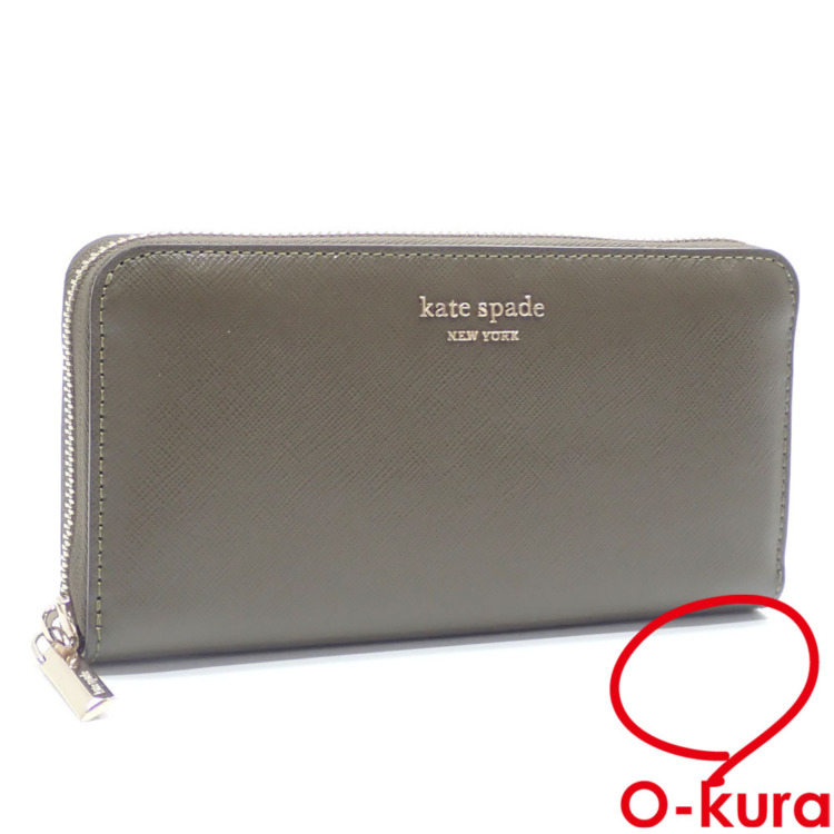 中古 ケイトスペード ラウンドファスナー 長財布 レディース カーキ レザー 値下げしました】 【中古】 ケイトスペード ラウンドファスナー 長財布