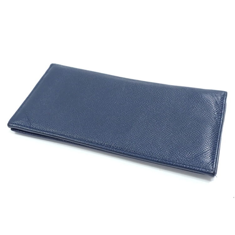 中古】 ブルガリ 二つ入り 長財布 メンズ ネイビー 紺色 レザー 革