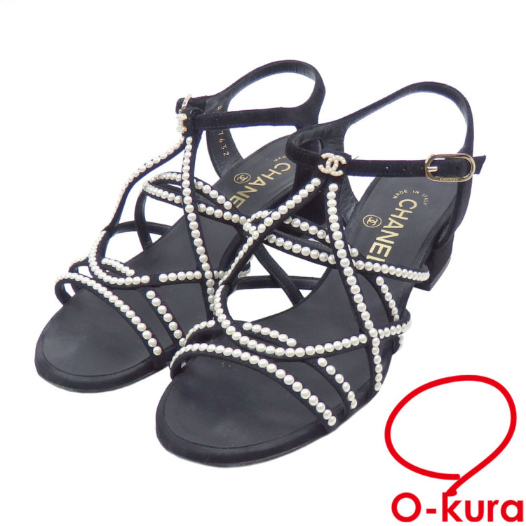 中古 シャネル サンダル レディース ミドルヒール スエード フェイクパール ブラック 黒 サイズ22.5cm 35 1/2C G37632 古着 アパレル 中古】 シャネル サンダル レディース ミドルヒール スエード フェイク