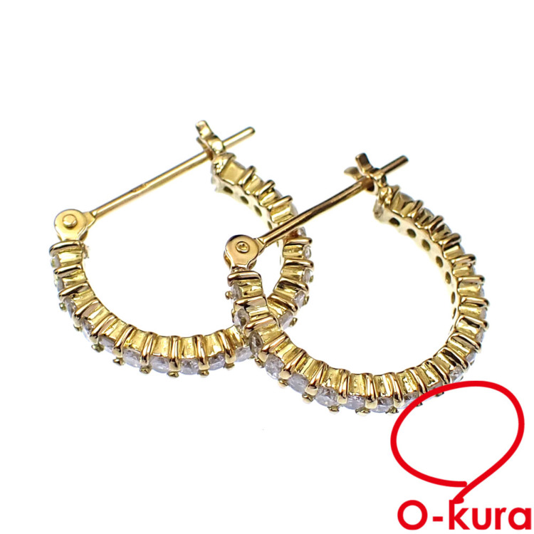 中古】 ダイヤモンド フープ ピアス レディース K18YG 1.7g 750 18金