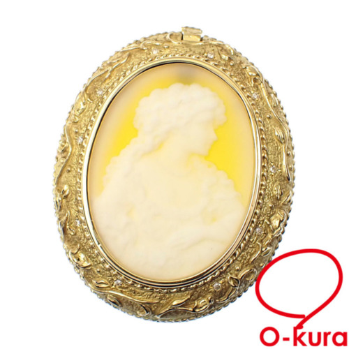 中古】 ダイヤモンド カメオ ブローチ レディース K18YG 0.10ct 28.5g