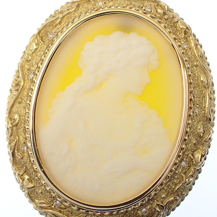 中古】 ダイヤモンド カメオ ブローチ レディース K18YG 0.10ct 28.5g