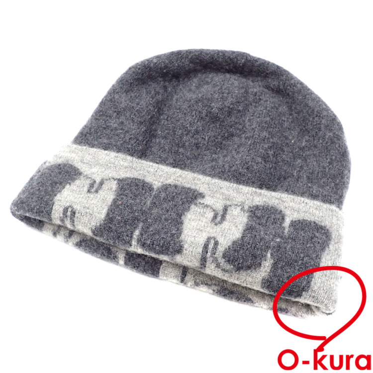 中古】 エルメス ニット帽 メンズ グレー MEサイズ カシミヤ ロゴ 古着