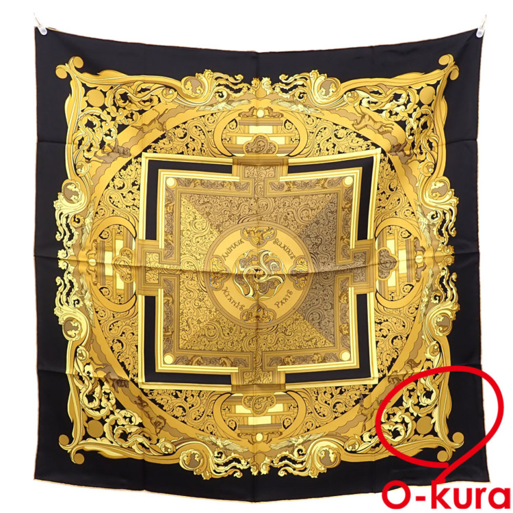 中古】 エルメス スカーフ カレ 90 レディース ブラック ゴールド