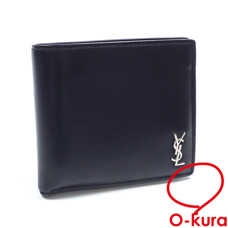 【中古】 サンローラン 二つ折り 財布 メンズ ブラック 黒 レザー 607727 革