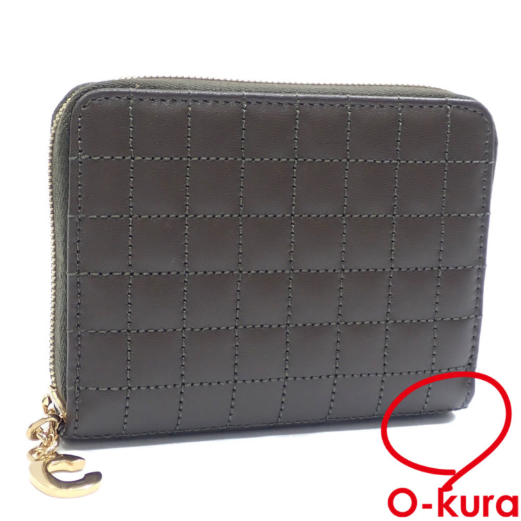 【中古】【未使用品】 セリーヌ コインケース コンパクトジップ ウォレット レディース カーキ レザー 10B663BFL.15KH 革 小銭入れ ラウンドファスナー