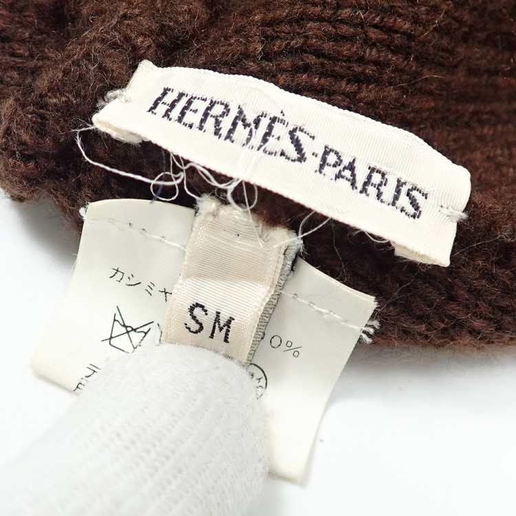 【中古美品】HERMESエルメス　ブラウン ニット帽　カシミヤ100% 名東】【HERMES】エルメス ニット帽 ビーニー ブラウン ピンク Mサイズ