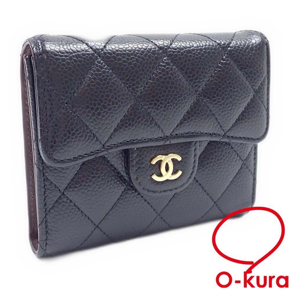 【中古】 シャネル 三つ折り 財布 クラシックスモールフラップウォレット レディース ブラック 黒 キャビアスキン