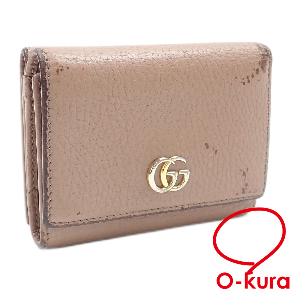 【中古】 グッチ 三つ折り 財布 マーモント コンパクトウォレット レディース ベージュ レザー 474746