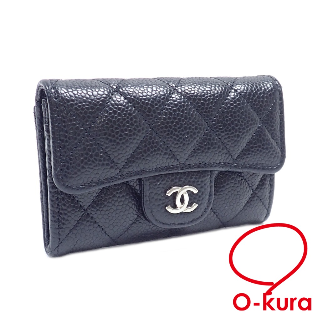 【中古】 シャネル クラシック フラップ カードケース マトラッセ レディース ブラック 黒 キャビアスキン AP0214 シルバー金具