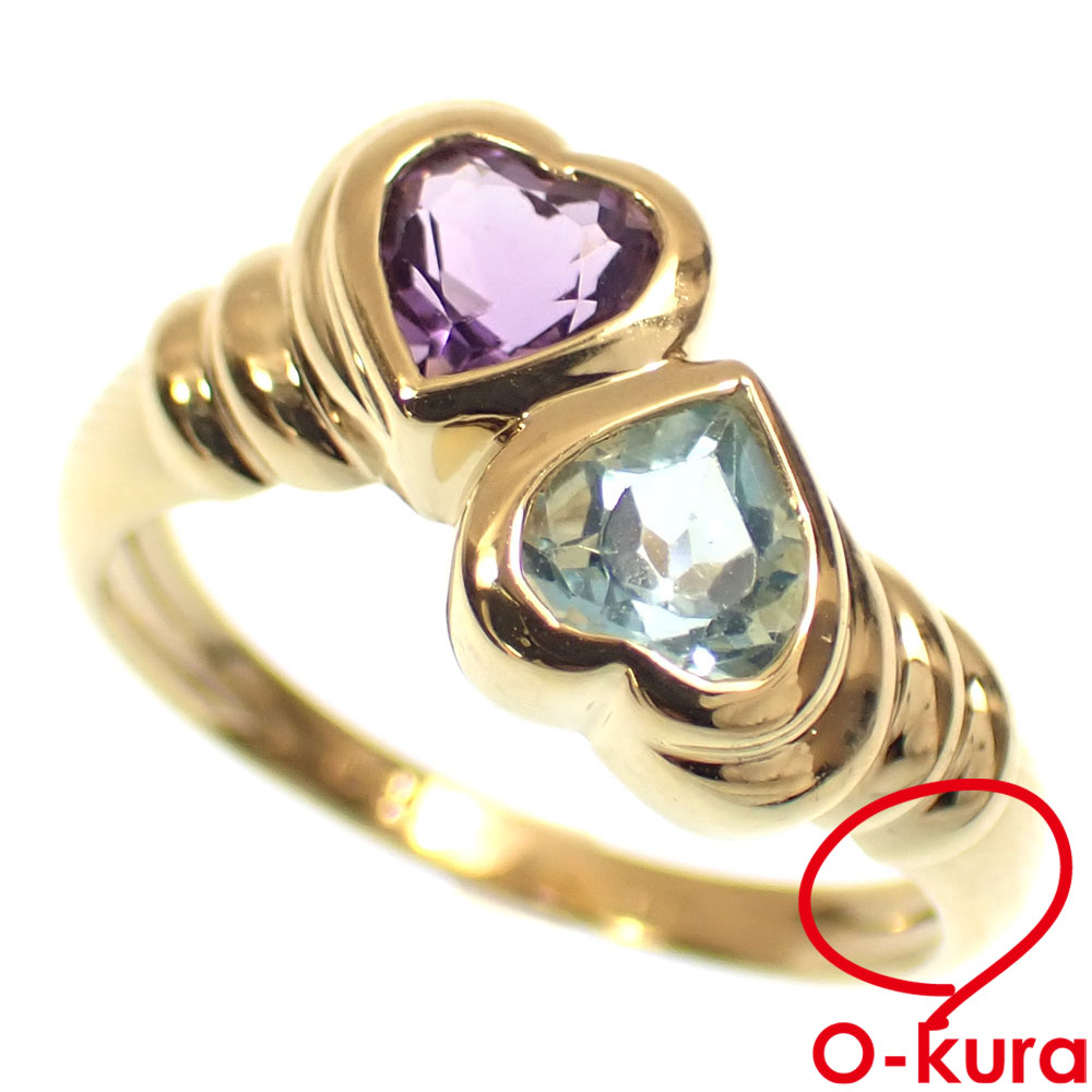 【中古】 アメジスト アクアマリン ハートモチーフ リング レディース K18YG 11号 1.64ct 3.4g 18金 750 イエローゴールド 指輪