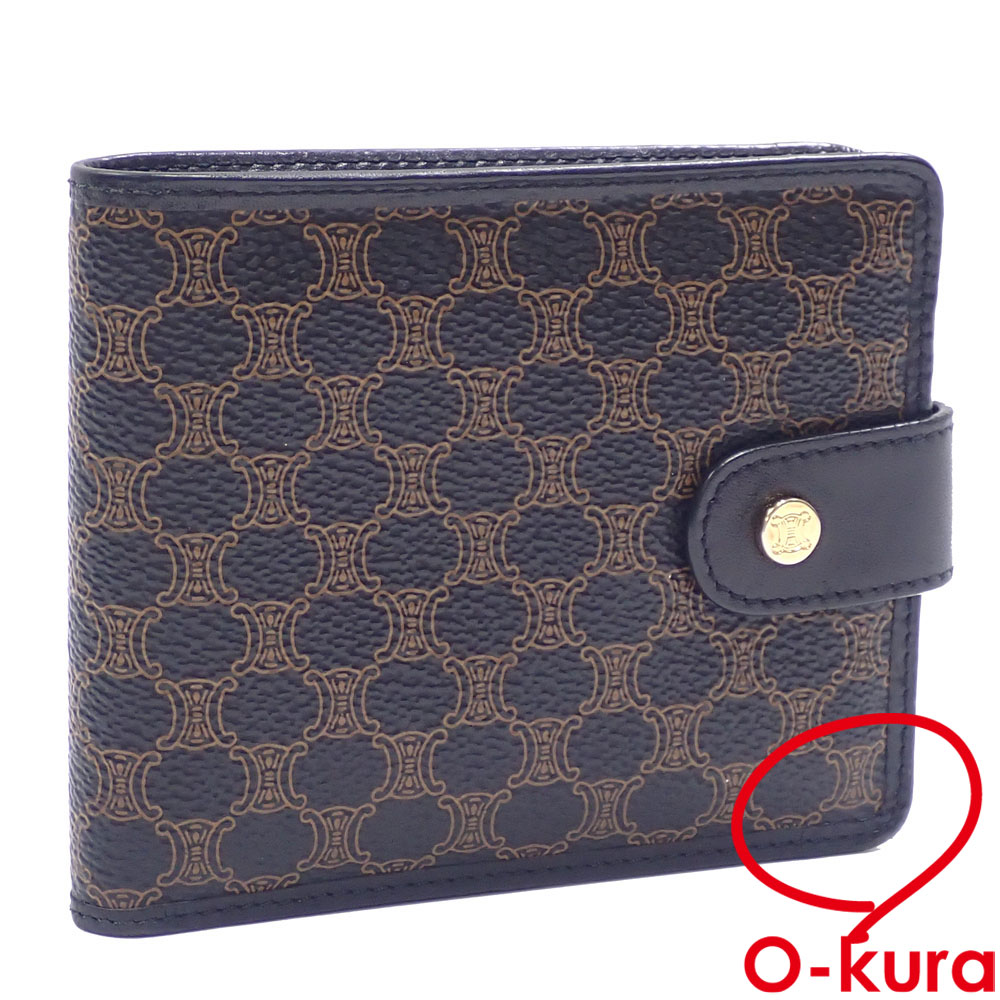 【中古】 セリーヌ 二つ折り 財布 レディース ブラウン ブラック 茶色 レザー 革 マカダム