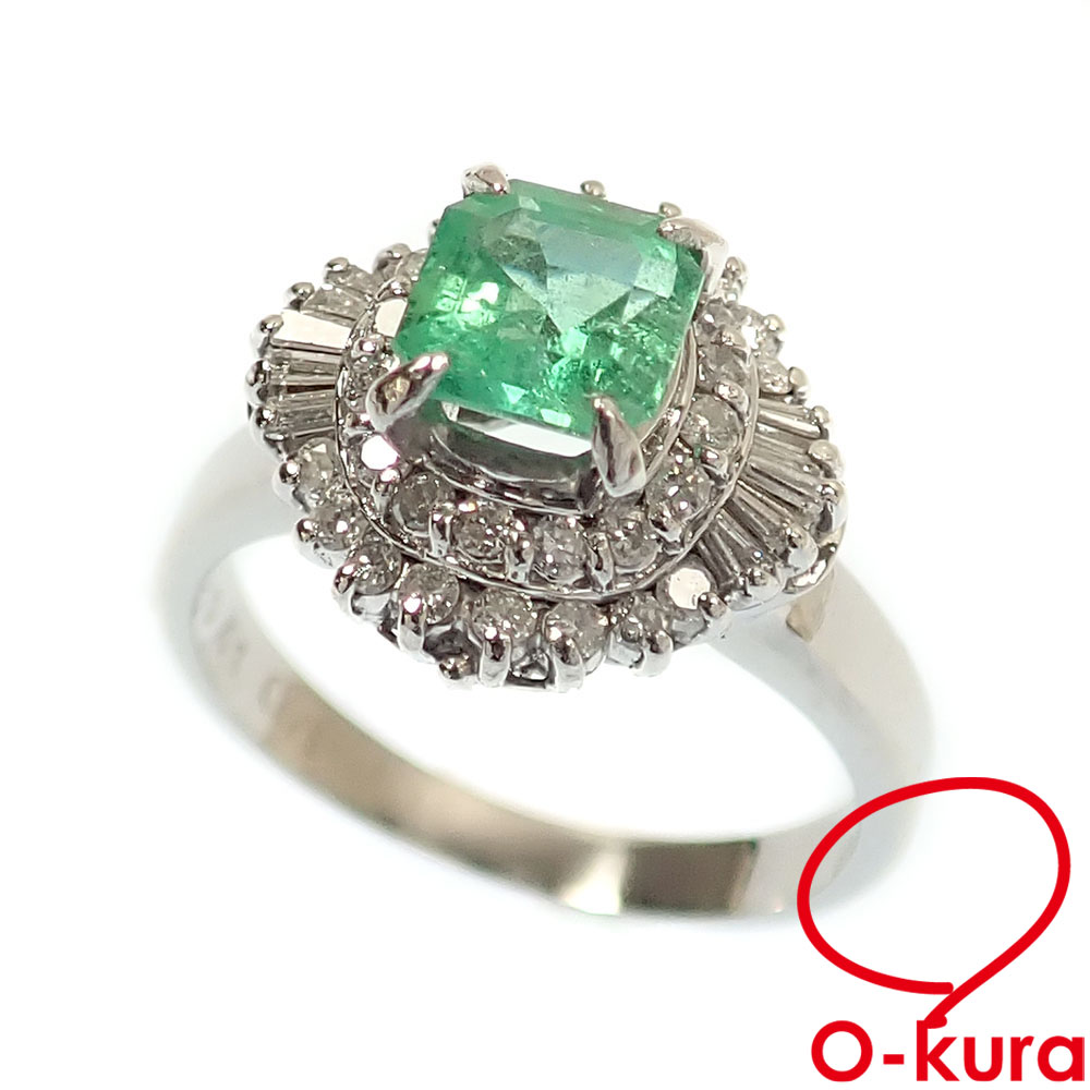 【中古】 エメラルド ダイヤモンド リング レディース Pt900 10号 0.79ct D0.41ct 6.4g プラチナ 指輪