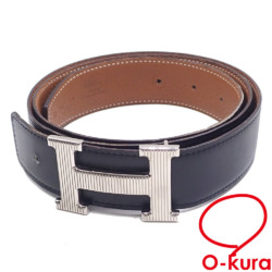 【中古】 エルメス ベルト H ストリエ 95 メンズ ブラック ブラウン 黒 茶色 95cm ボックスカーフ トリヨンクレマンス リバーシブル シルバー金具 □L刻印 2008年頃製 古着 アパレル