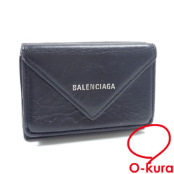 【中古】 バレンシアガ 三つ折り 財布 ペーパー ミニウォレット レディース ブラック 黒 レザー 391446
