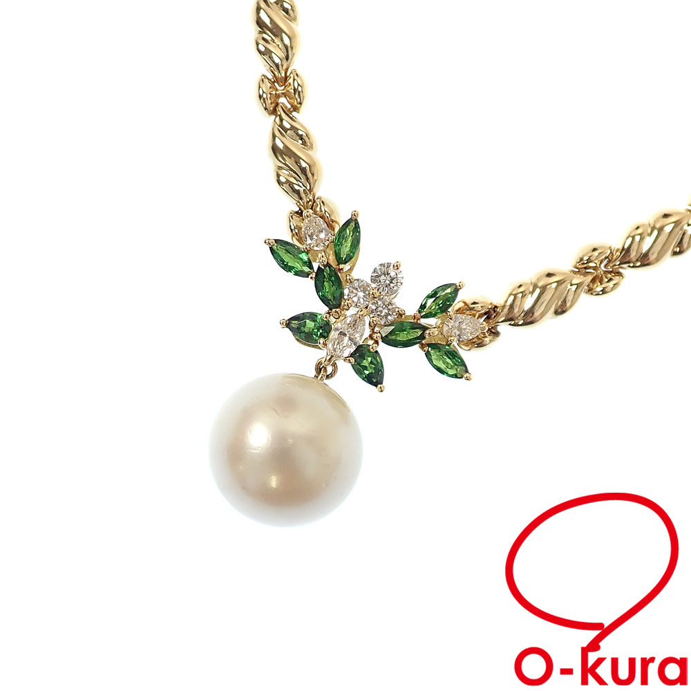 【中古】 ジュネ パール グリーンガーネット ダイヤモンド ネックレス レディース K18YG 1.65ct D0.71ct 15.0mm 34.6g 18金 イエローゴールド 750 真珠