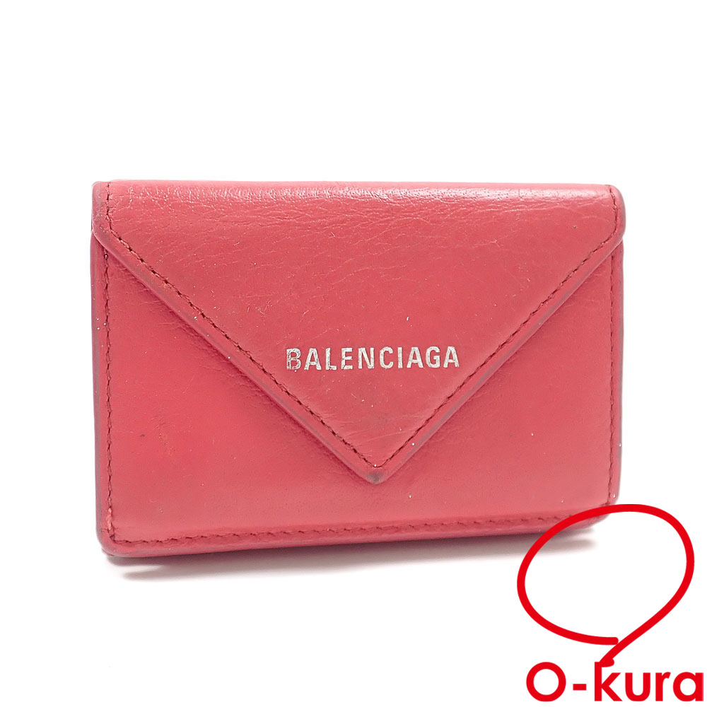 【中古】 バレンシアガ 三つ折り 財布 ペーパー ミニウォレット レディース レッド 赤 レザー 391446