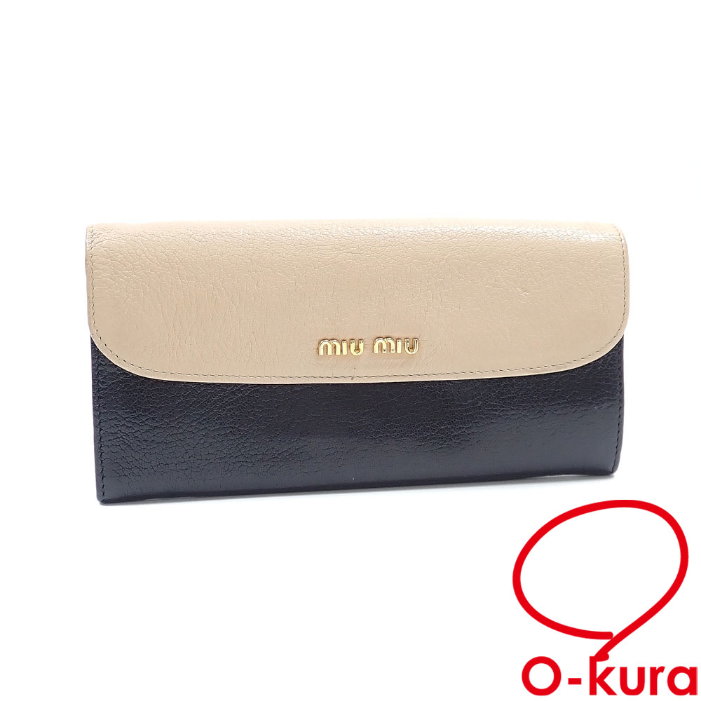 【中古】 ミュウミュウ 二つ折り 長財布 レディース ベージュ ブラック レザー