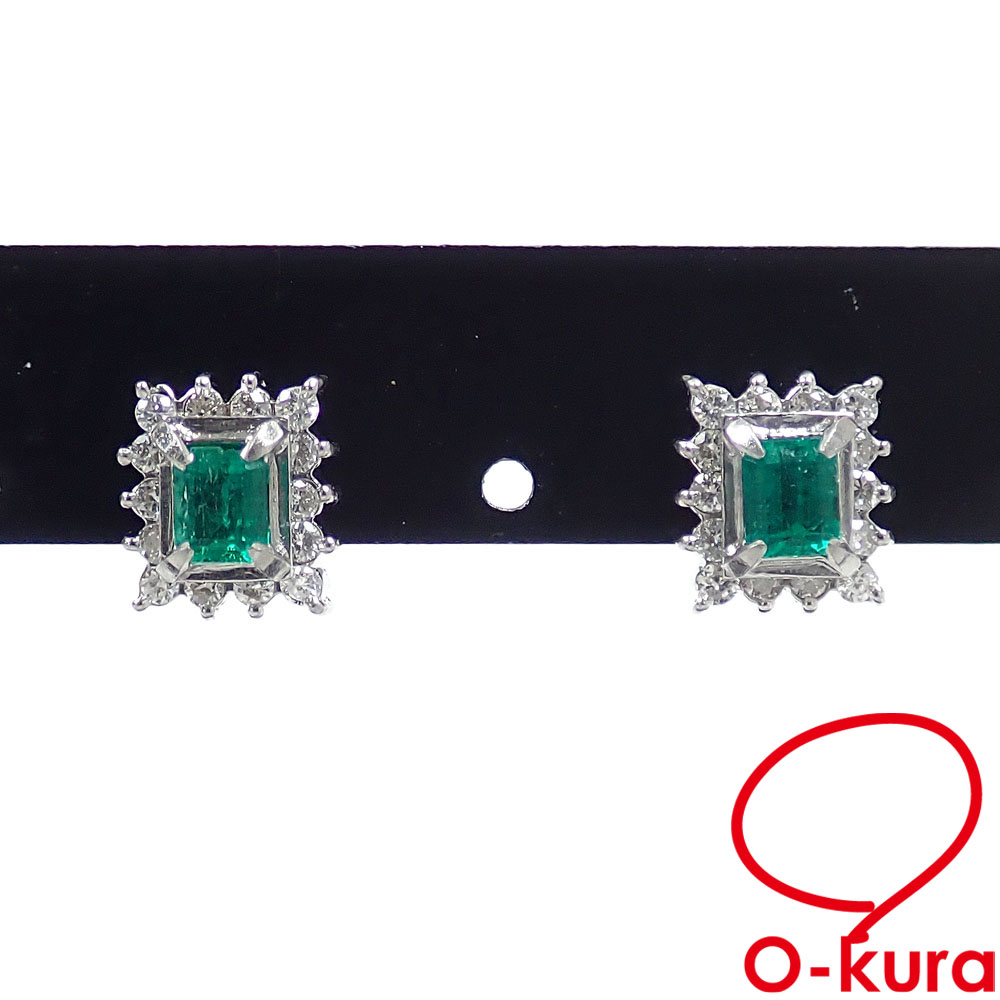 【中古】 エメラルド ダイヤモンド ピアス レディース K14WG 2.9g 18金 ホワイトゴールド