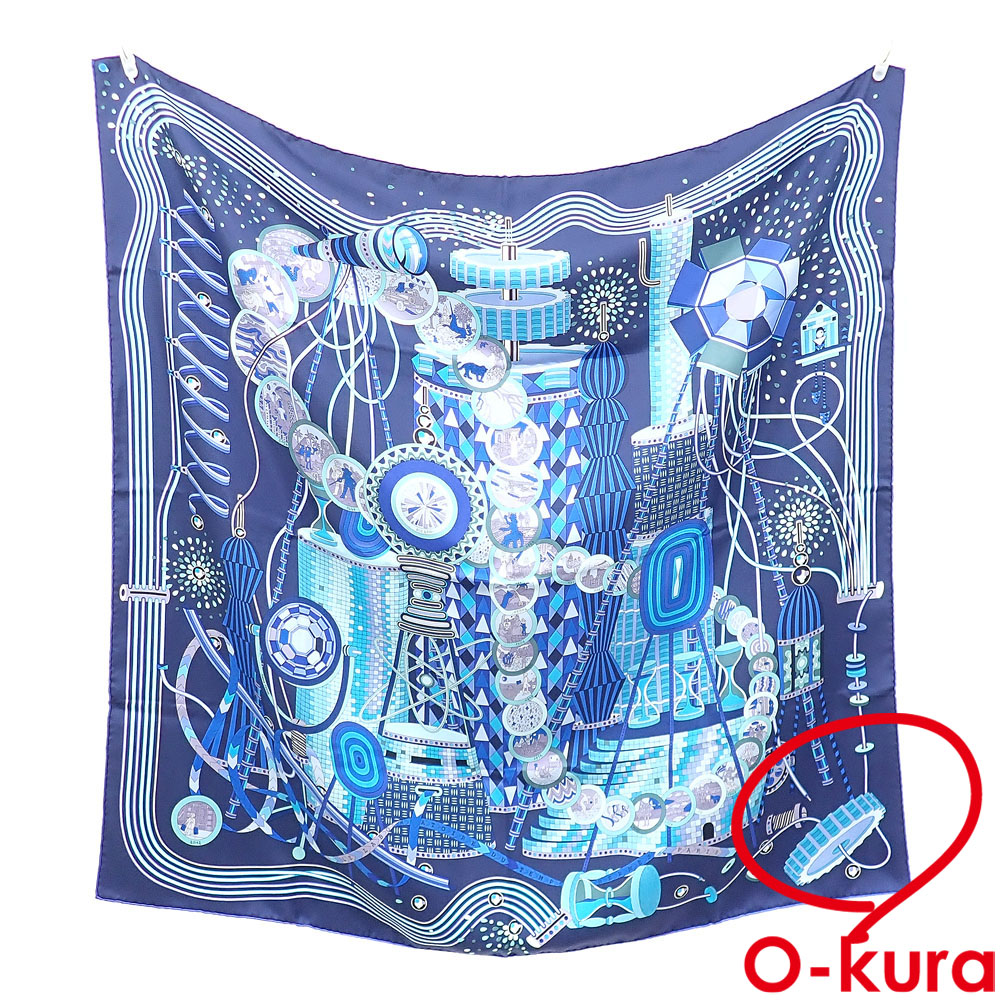【中古】 エルメス スカーフ カレ 90 レディース ブルー系 シルク Le Laboratoire Du Temps 『時の実験室』 古着 アパレル