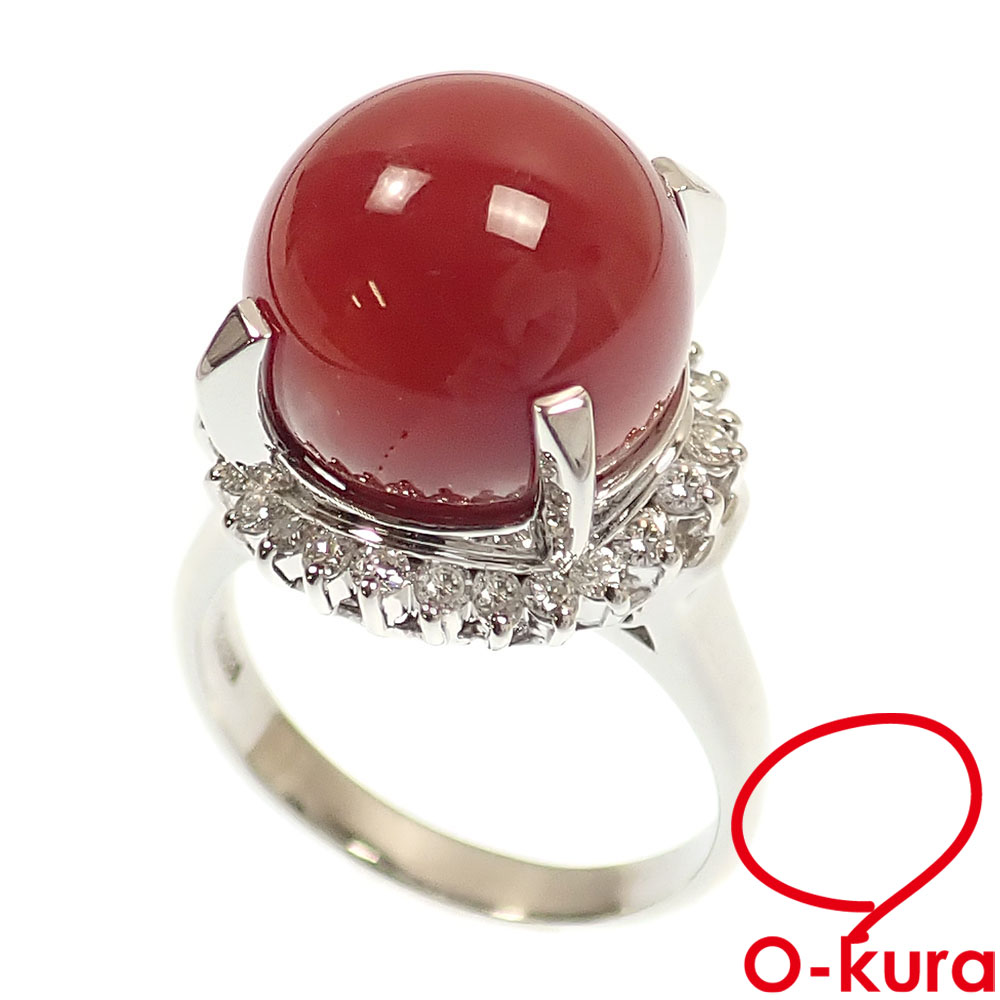 【中古】 珊瑚 ダイヤモンド リング レディース Pt900 14.5号 13.0mm D0.47ct 12.2g プラチナ 指輪 サンゴ コーラル