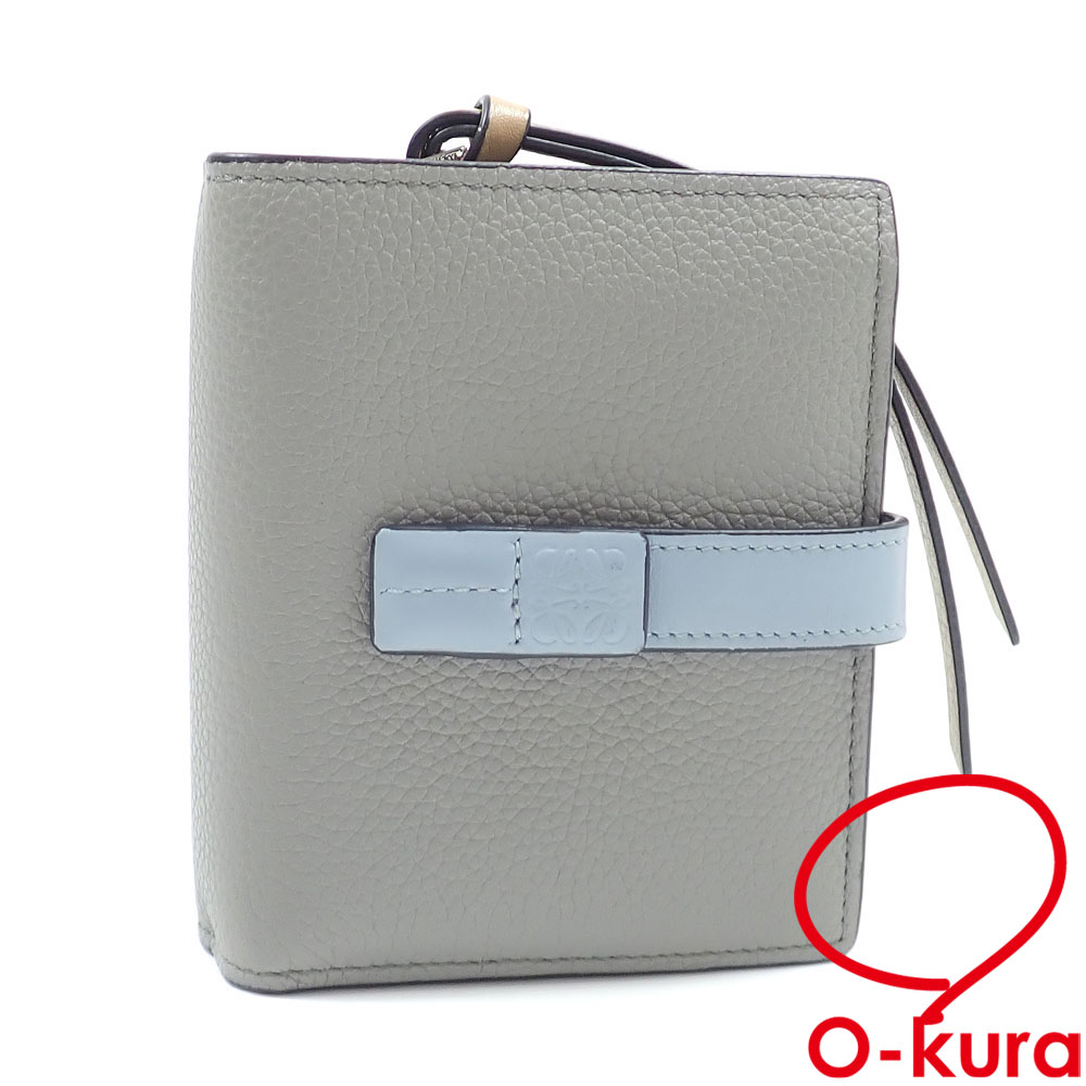 【中古】 ロエベ 二つ折り 財布 コンパクト ジップウォレット レディース パールグレイ ダスティブルー ソフトグレインカーフスキン C660Z41X01