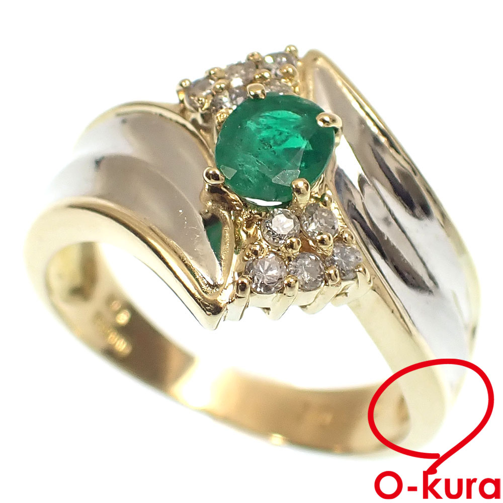 【中古】 エメラルド ダイヤモンド リング レディース K18YG Pt900 11号 0.13ct/0.39ct 3.8g 18金 750 イエローゴールド 指輪