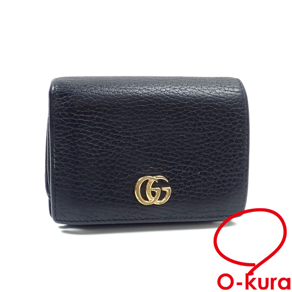 【中古】 グッチ 二つ折り 財布 GGマーモント コンパクトウォレット レディース ブラック 黒 レザー 156126