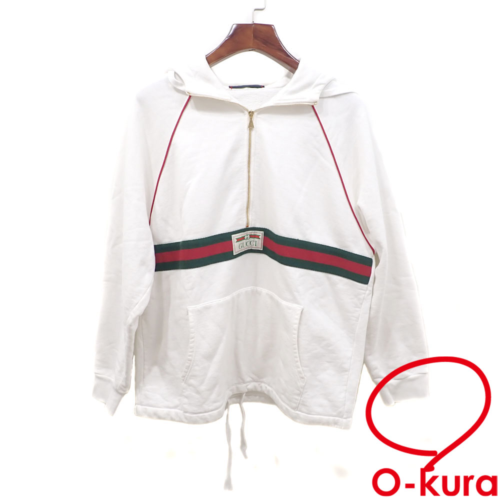 【中古】 グッチ ウェブ & GUCCI ラベル付き スウェットシャツ メンズ 長袖 コットン他 ホワイト 白 Sサイズ 645320 XJDAK ハーフジップ パーカー 古着 アパレル トップス 洋服