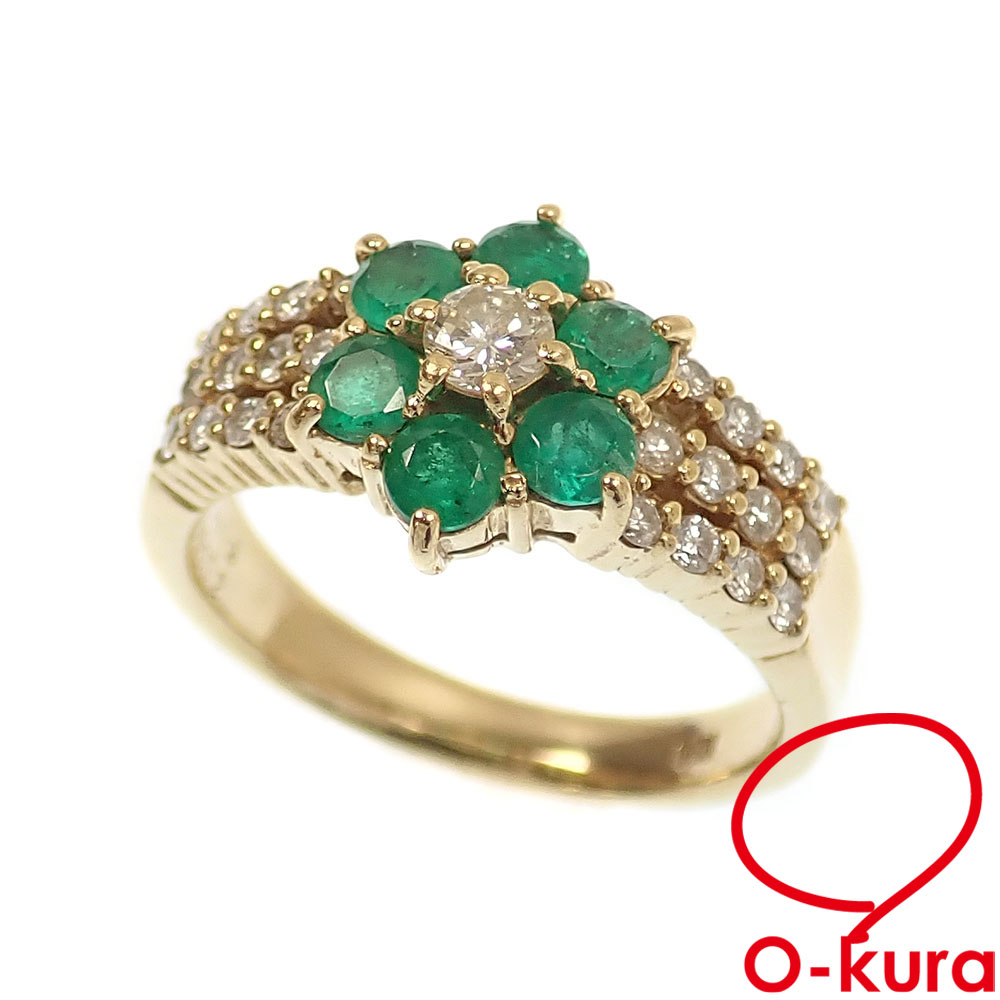 【中古】 エメラルド ダイヤモンド リング レディース K18YG 11号 E0.58ct 中D0.13ct/D0.32ct 5.6g 18金 イエローゴールド 750 指輪
