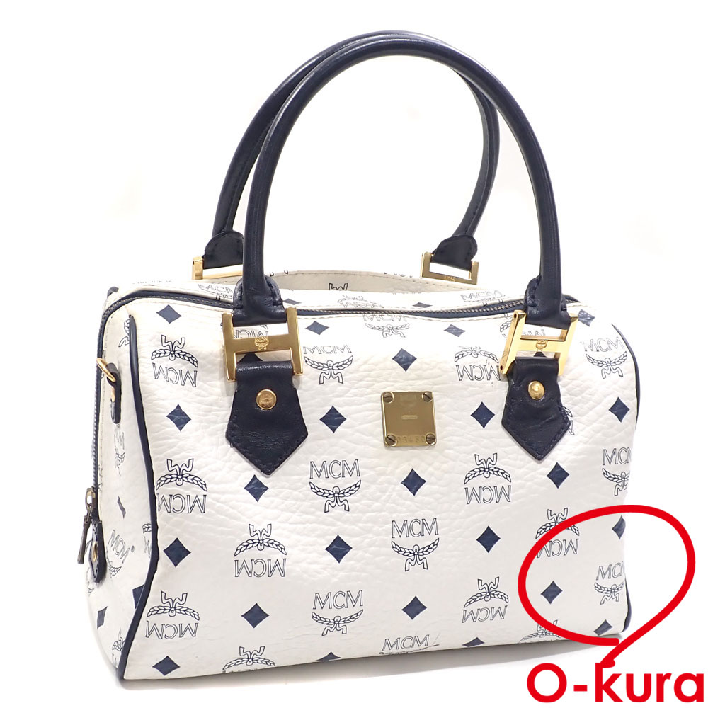 【中古】 MCM ミニボストンバッグ レディース ホワイト ネイビー 白 紺色 レザー ハンド ヴィセトス 革
