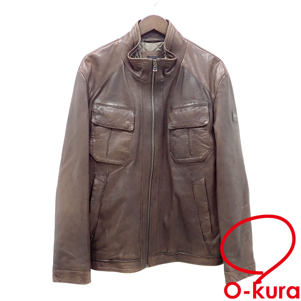 【中古】 ヒューゴボス ライダースジャケット メンズ 長袖 レザー他 ブラウン サイズ50 古着 アパレル アウター 洋服